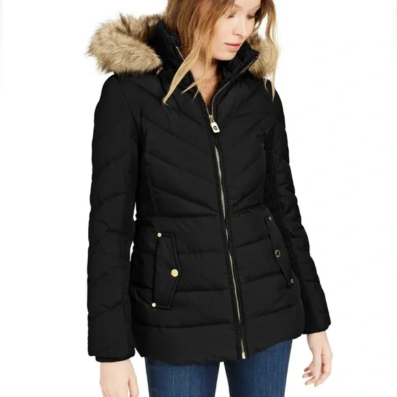 Michael Kors Women Down Coat Puffer Faux Fur Trim Hooded Plus 1X Black Gold - Picture 11 of 11